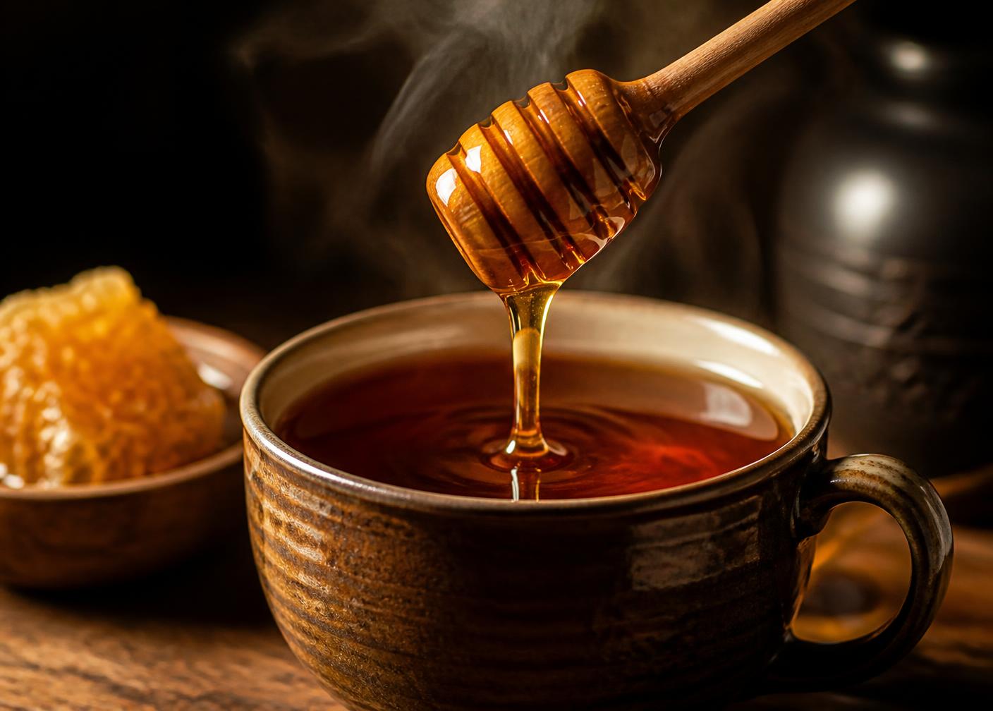 Nyuki Gold honey drizzled from a wooden dipper into a hot cup of Kenyan tea